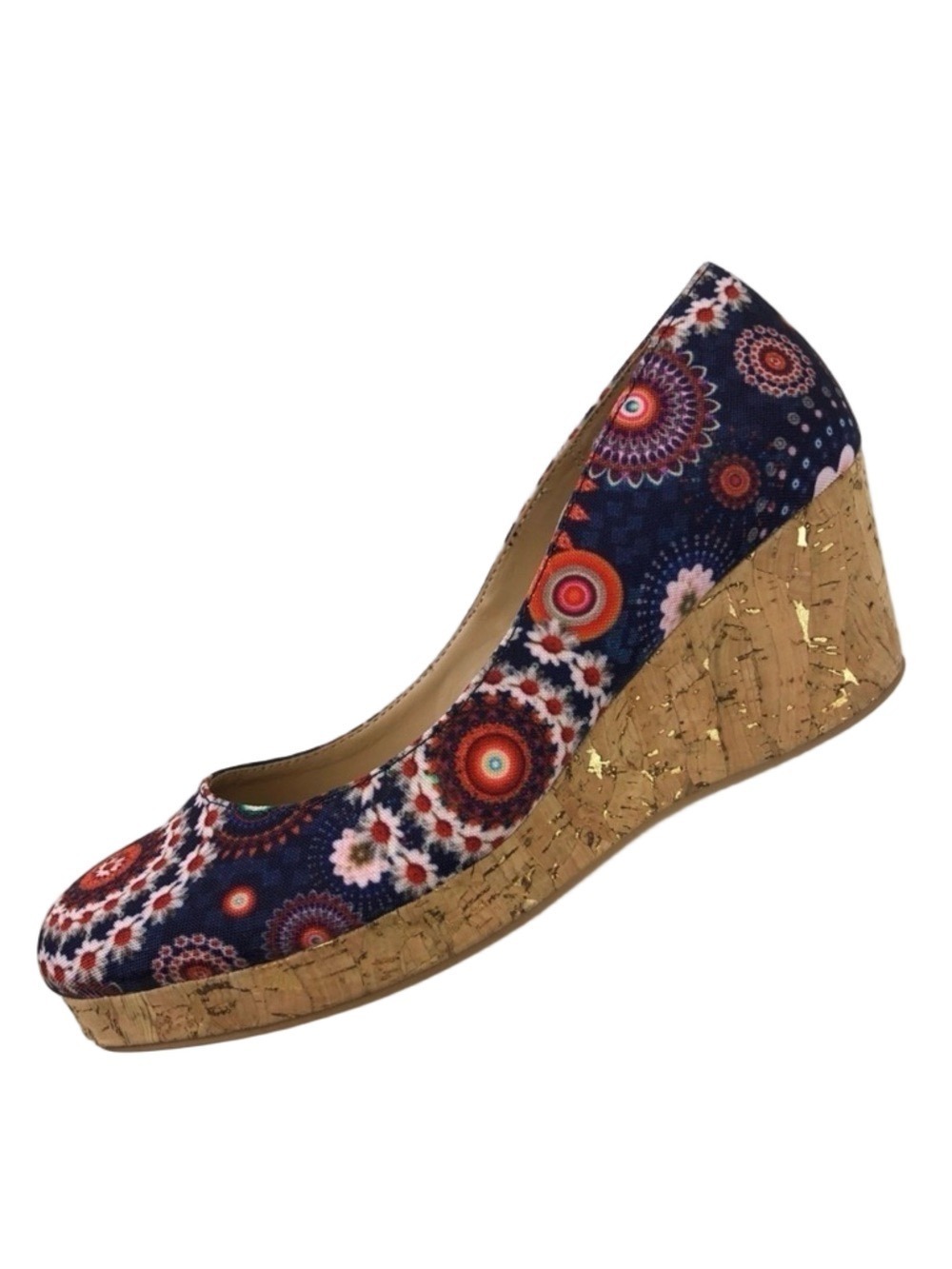 Desigual Mary Floral Canvas Cork Wedge Pumps Size 8 Boho Mandala Multicolor